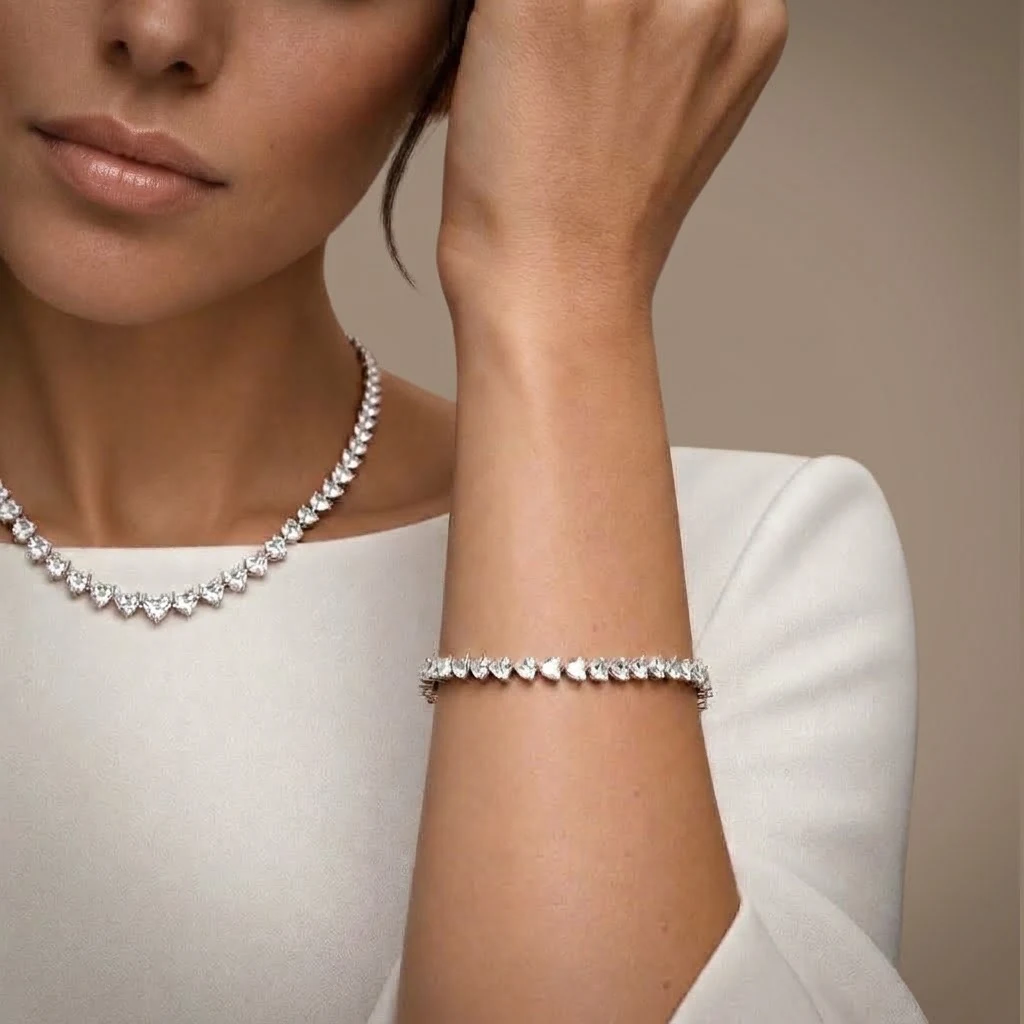 Diamond necklace and bracelet worn together